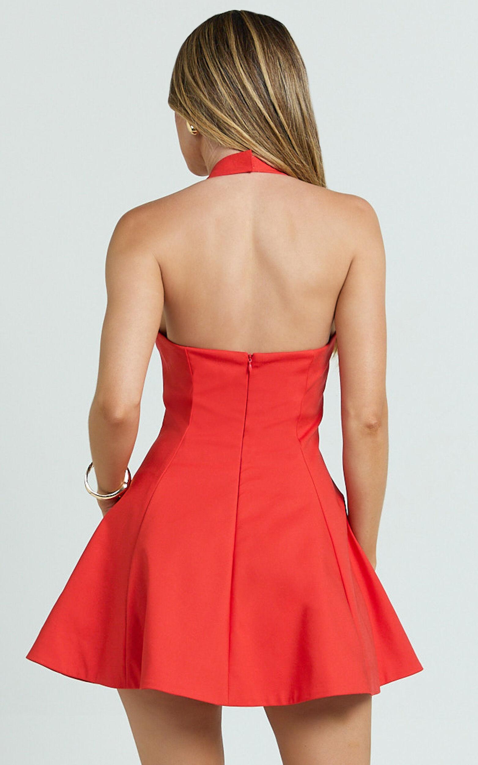 Nadine Mini Dress - Square Neck Halterneck Flare Skirt Dress in Red Product Image