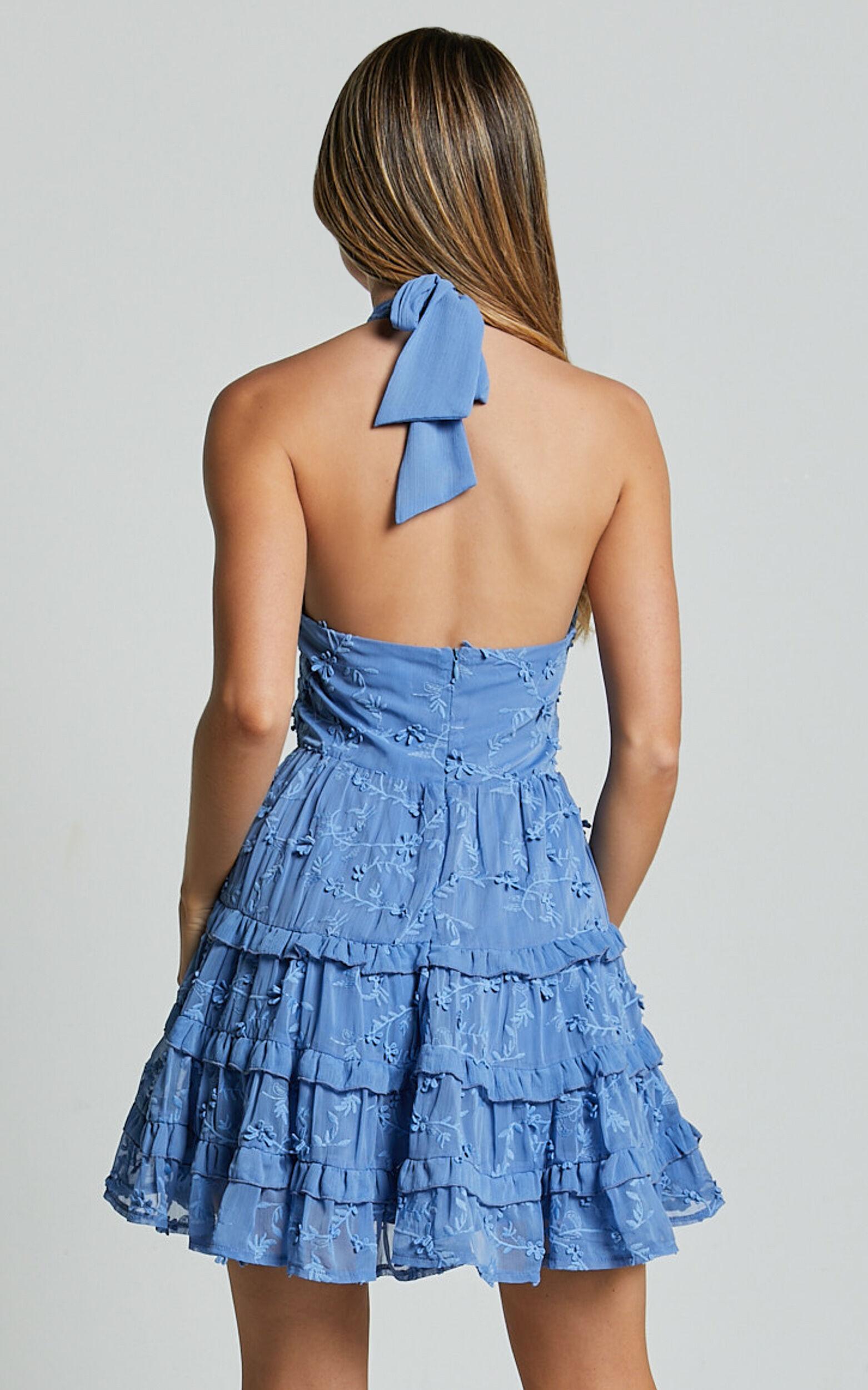 Frankie Mini Dress - Halter Neck Tiered Dress in Cornflower Blue Product Image