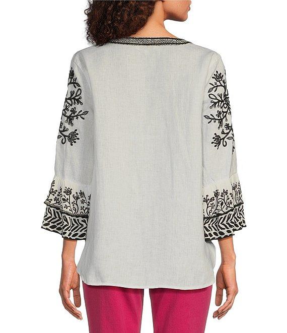 John Mark Linen Embroidered Split V-Neck 3/4 Sleeve Tunic Product Image