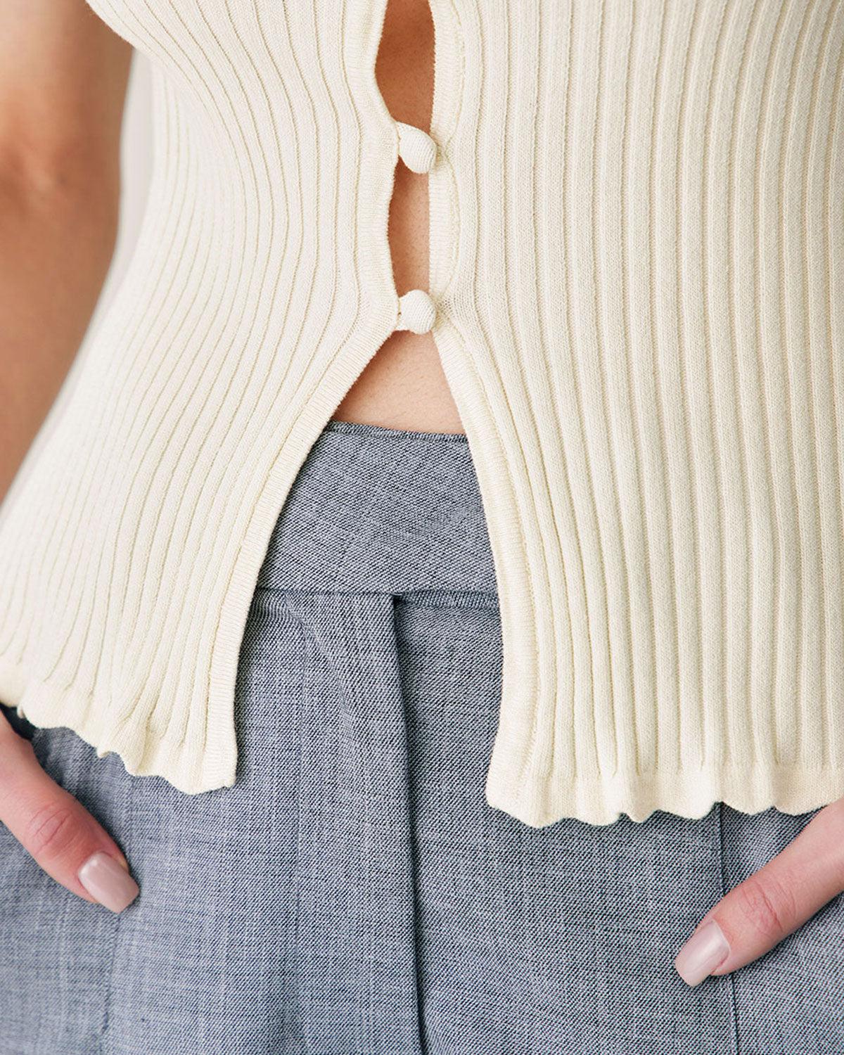 Beige V Neck Ribbed Knit Tank Product Image