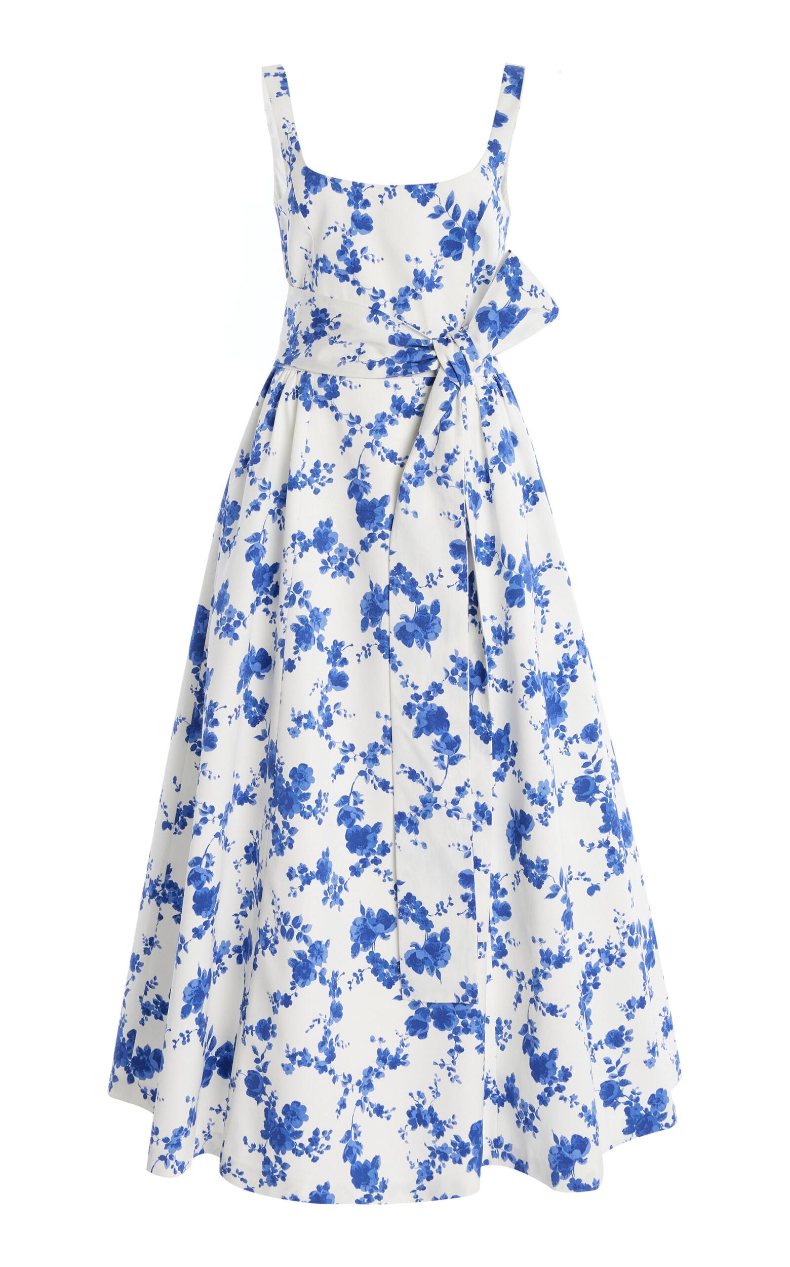 CAROLINA HERRERA Sleeveless Scoop Neck Midi Dress With Sash In White Multi Product Image