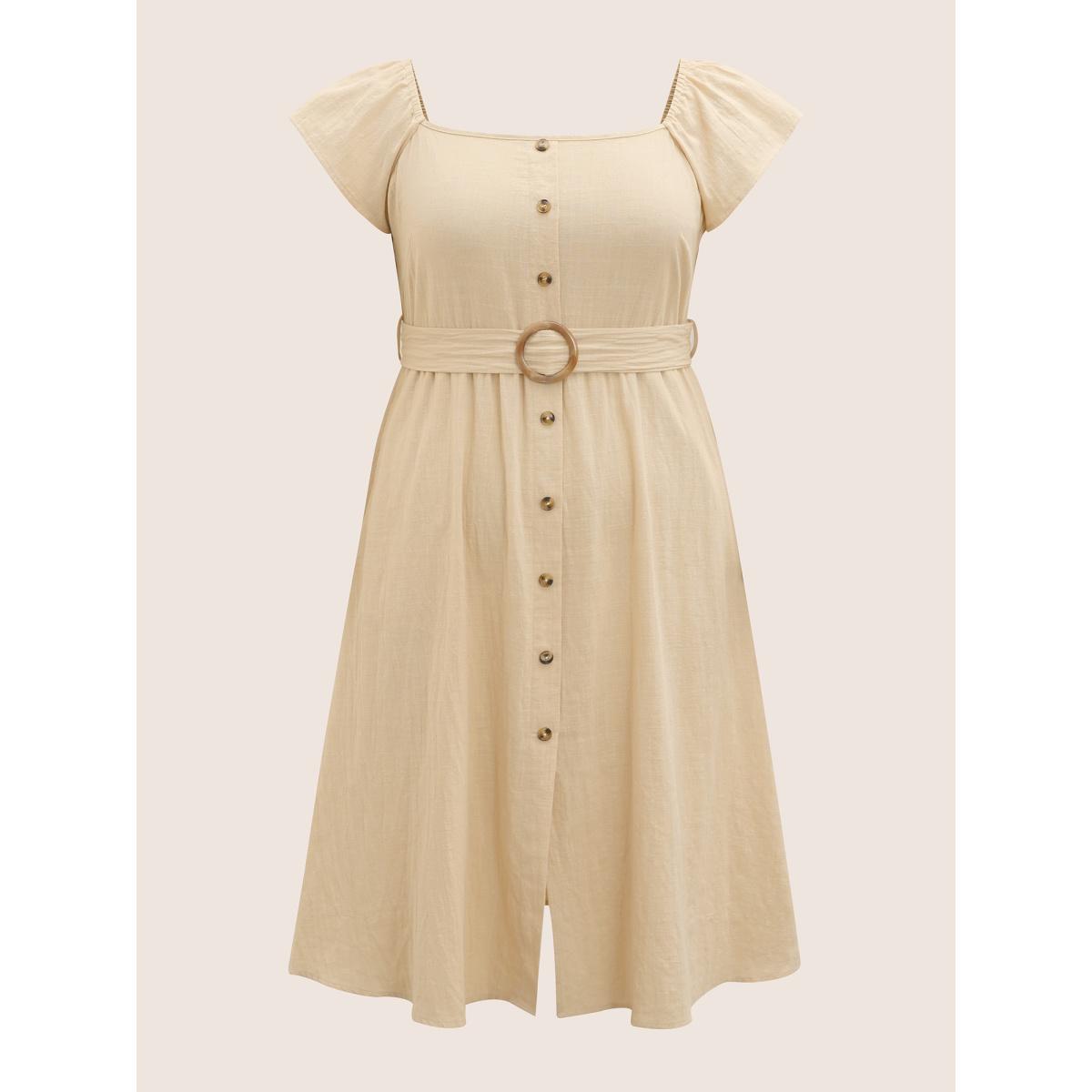 Plus Size Cotton Solid Buckle Detail Ruffle Cap Sleeve Dress Beige Women Casual Belted Square Neck Cap Sleeve Curvy BloomChic 28/5X Product Image