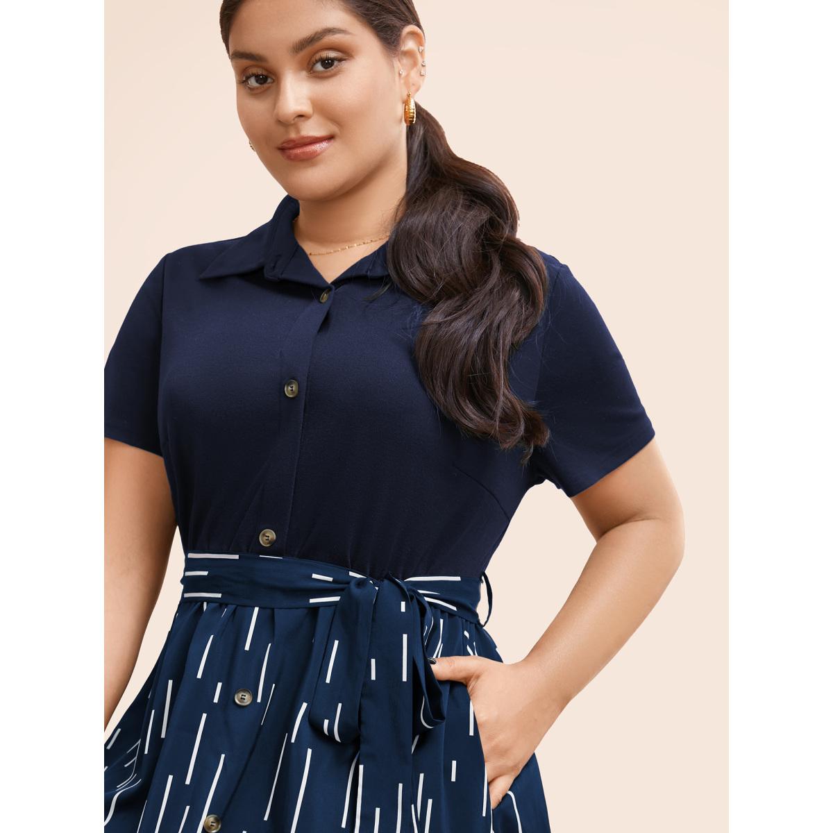 Plus Size Striped Patchwork Button Detail Belted Dress DarkBlue Women Workwear Essentials Belted Shirt collar Short sleeve Curvy BloomChic 14-16/1X Product Image