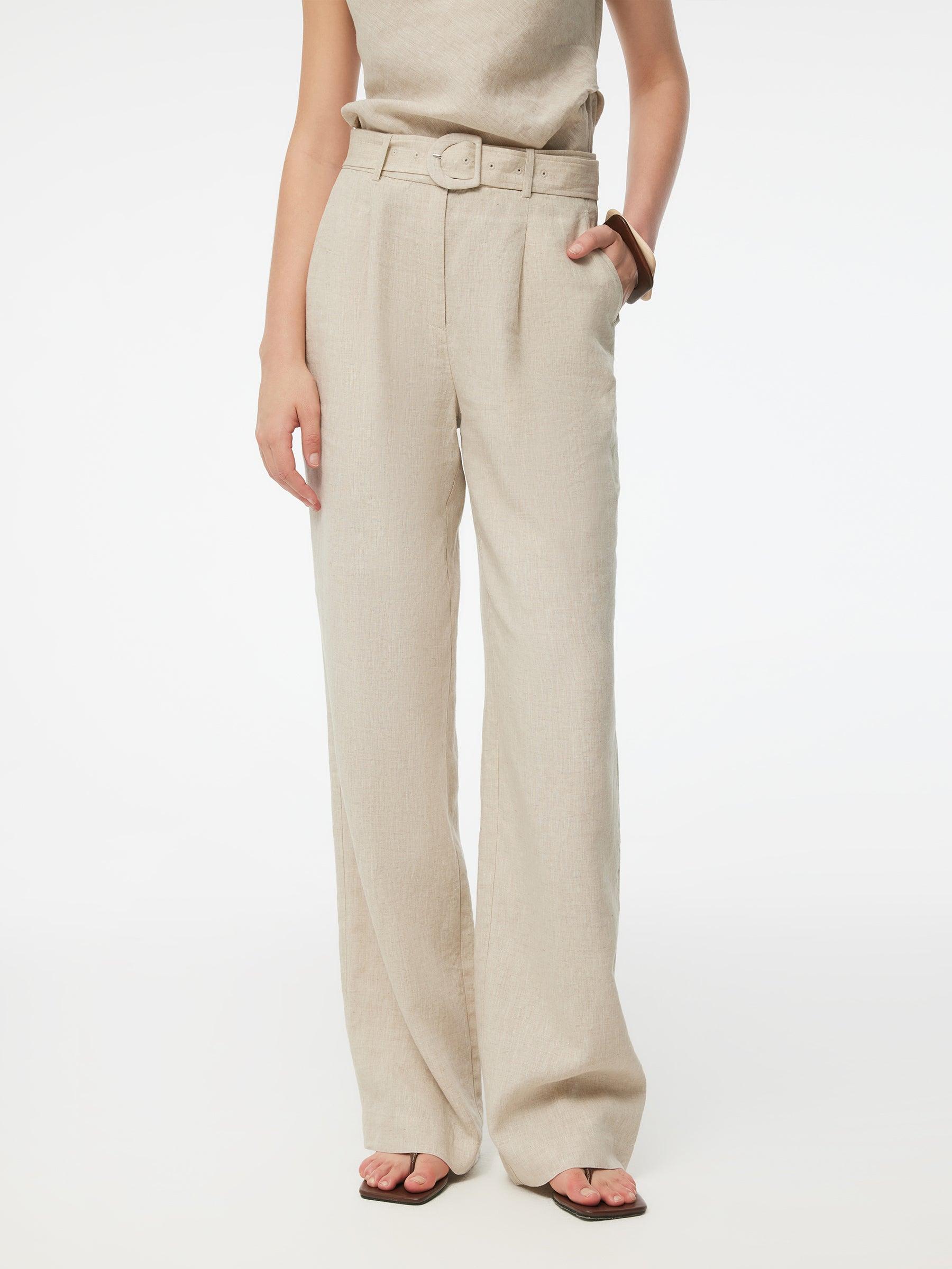 100% Linen Women Straight Leg Pants With Belt Product Image