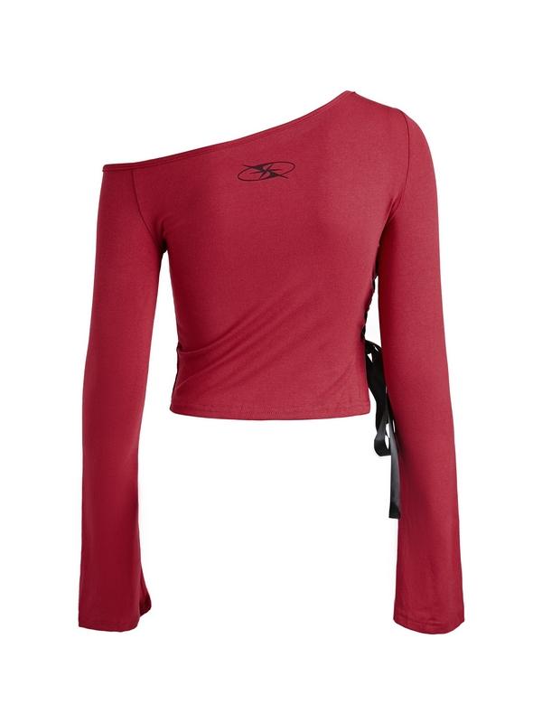 Y2K One Shoulder Letter Print Tie Up Long Sleeve Tee Product Image