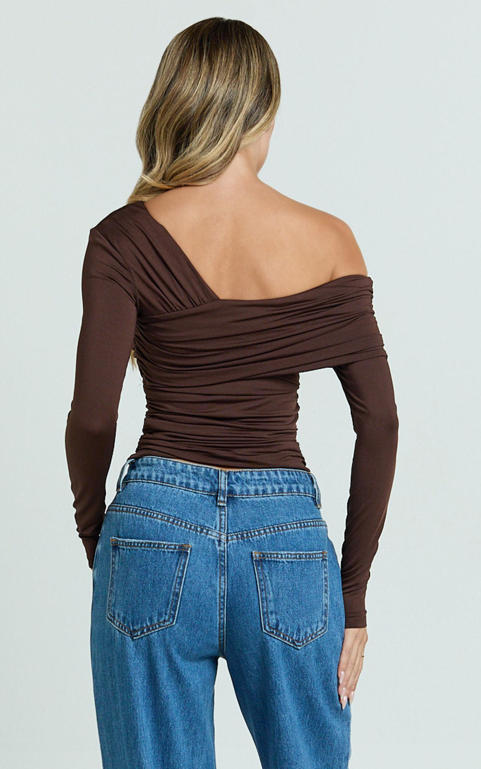 Cate Top - Long Sleeve Asymmetrical Neckline Top in Chocolate Product Image