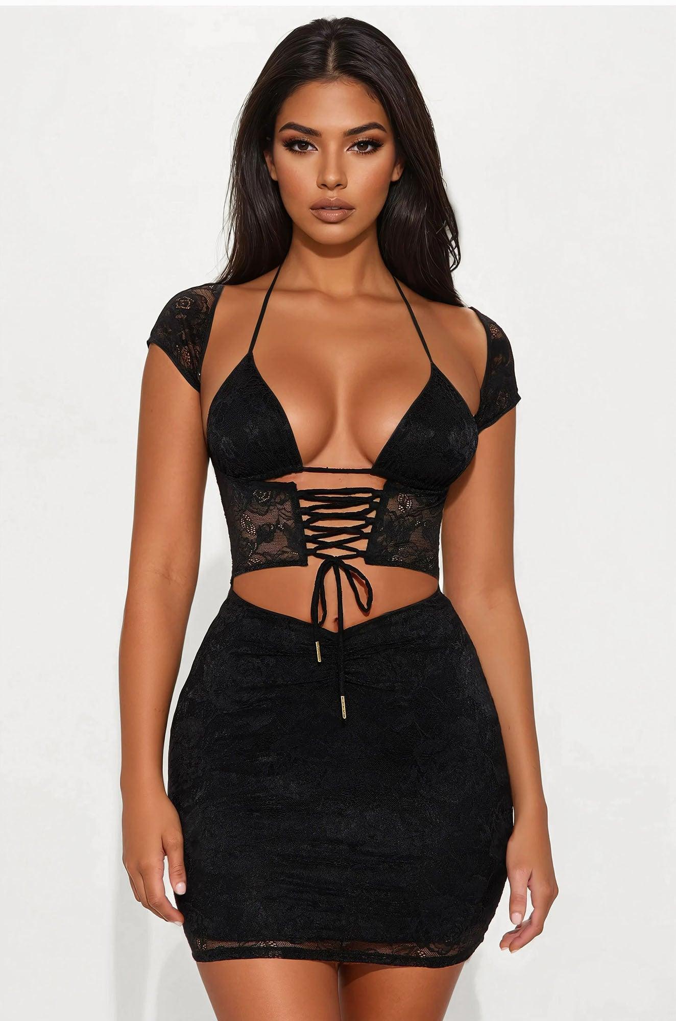 My Type Lace Micro Mini Dress Set - Black Product Image