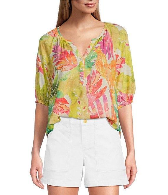 Tommy Bahama Tropicana Isle Printed Woven Split V-Neck Short Puff Sleeves Top Product Image