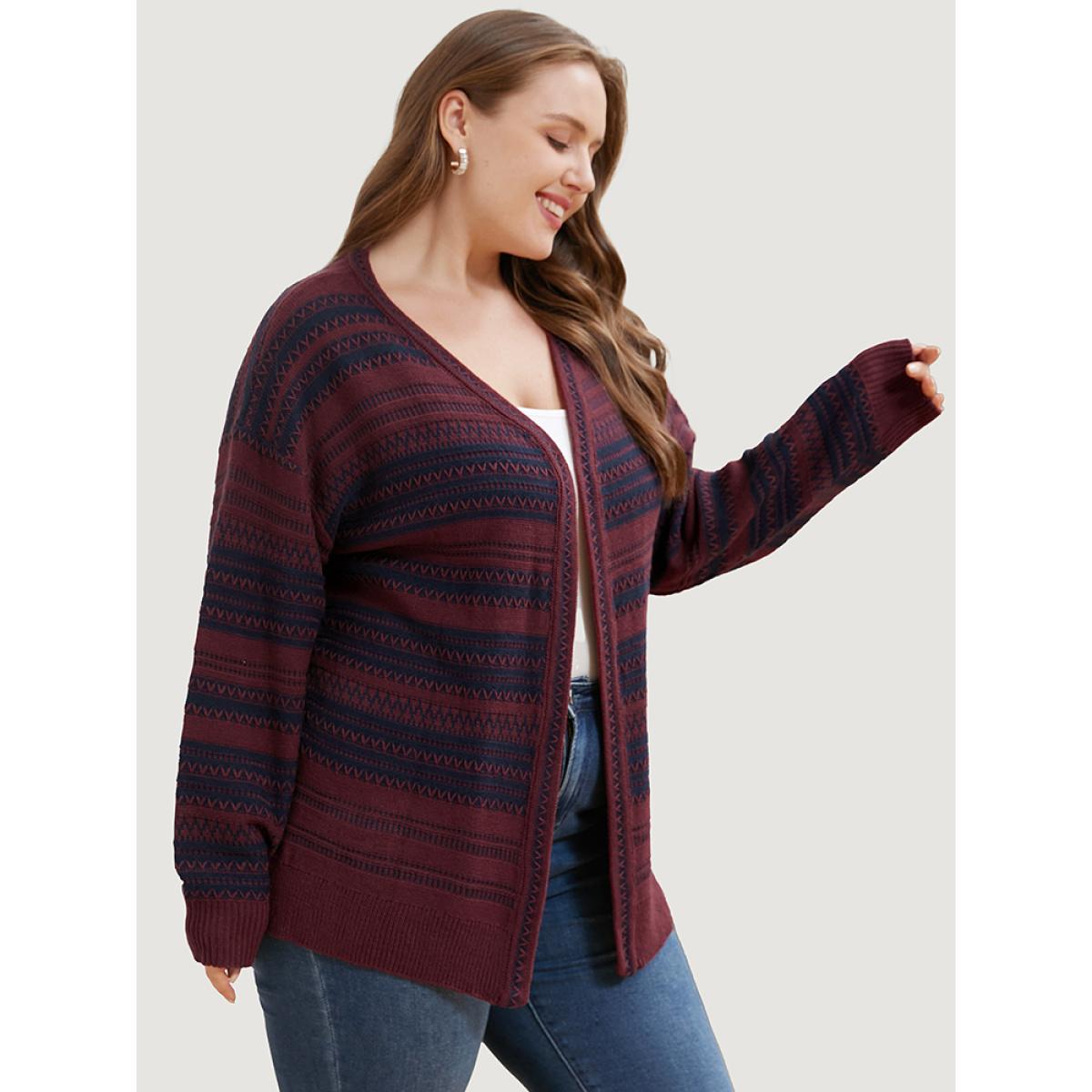 Plus Size Striped Contrast Pointelle Knit Open Front Loose Cardigan Scarlet Women Casual Loose Long Sleeve Office Cardigans BloomChic 14-16/1X Product Image