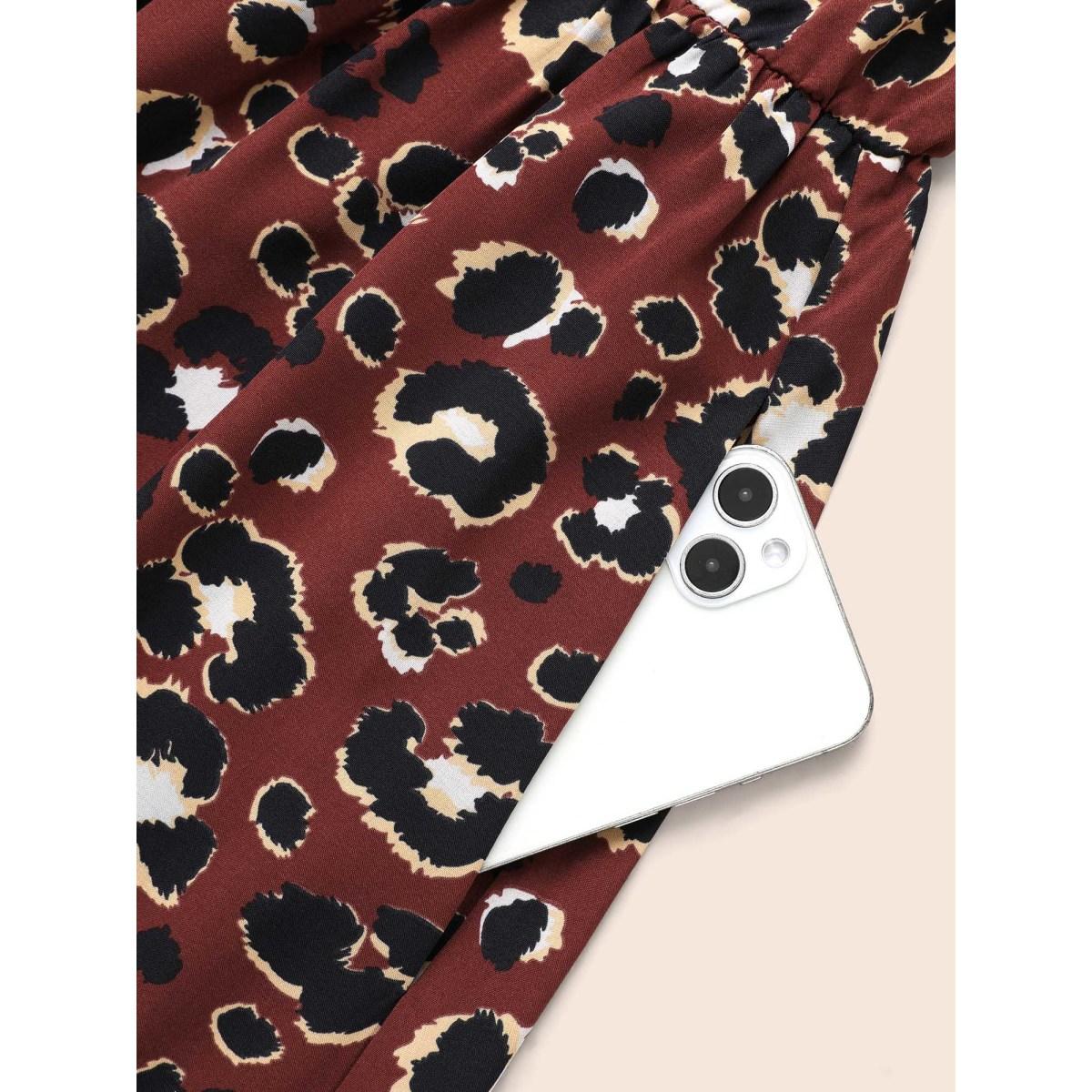 Plus Size Leopard Print Mock Neck Frill Trim Dress Russet Women Elegant Frill Trim Mock Neck Long Sleeve Curvy BloomChic 22-24/3X Product Image