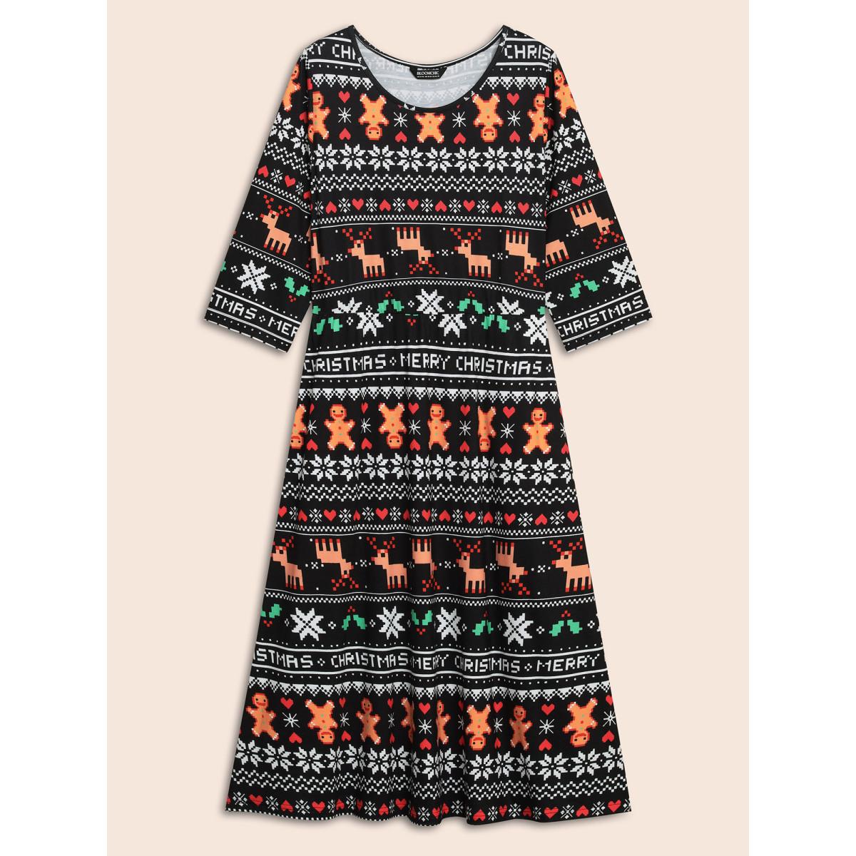 Plus Size Holiday Printed Fit-and-Flare Silhouette Midi Dress BlackFlower Women Casual Non Round Neck Elbow-length sleeve Curvy BloomChic 12/L Product Image