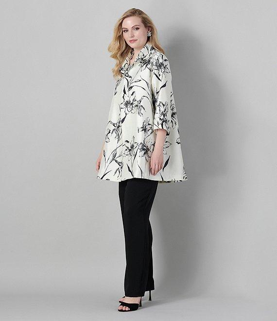 Caroline Rose Plus Size Garden Glamour Floral Print Notch Collar 3/4 Sleeve Open-Front Statement Jacket Product Image