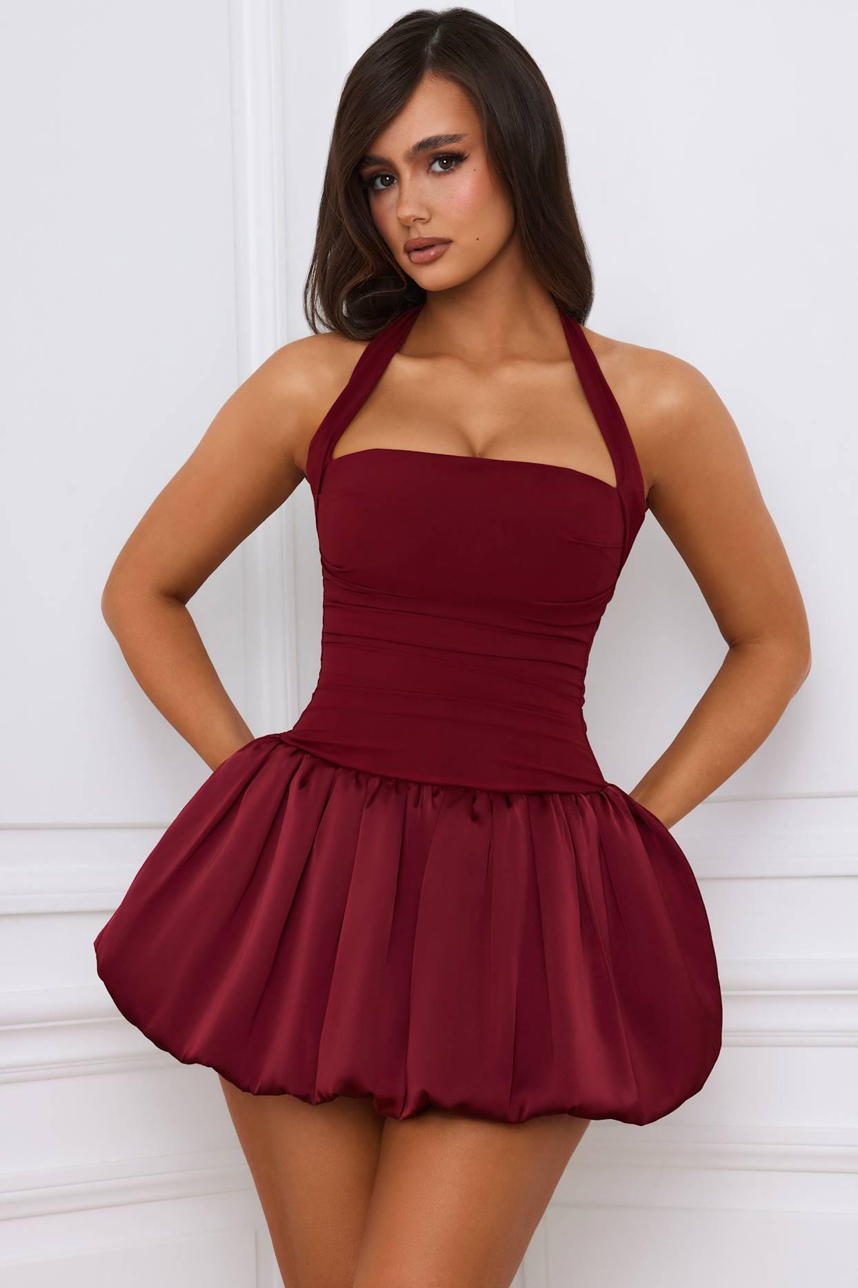 Halterneck Lace-Up Bubble Hem Corset Micro Mini Dress in Berry Red Product Image
