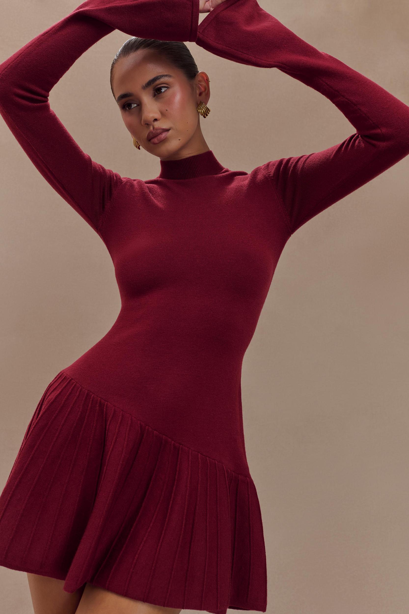 Blair Knit Mini Dress With Pleats - Merlot Product Image