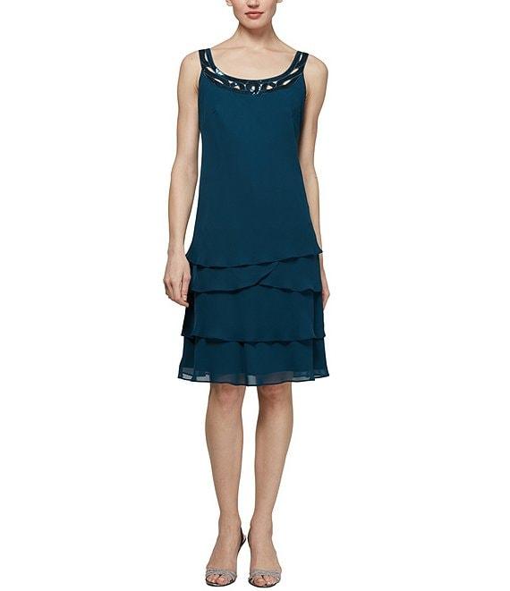 Ignite Evenings Sequin Detail Scoop Neck Long Sleeve Chiffon Tiered 2-Piece Jacket Dress Product Image