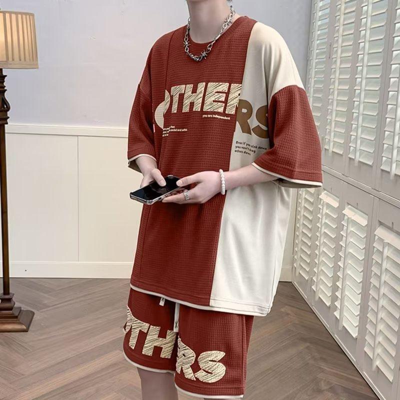 Set: Elbow-Sleeve Two Tone Lettering T-Shirt + Shorts Product Image