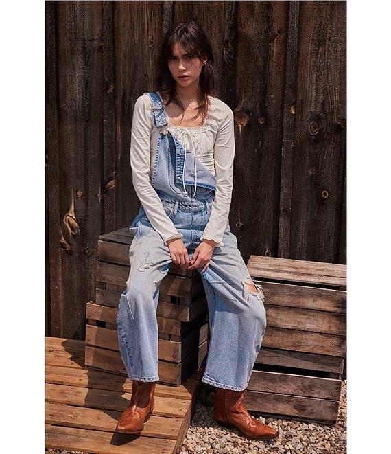 Free People We The Free Good Luck Denim Square Neck Barrel Leg Overalls Product Image