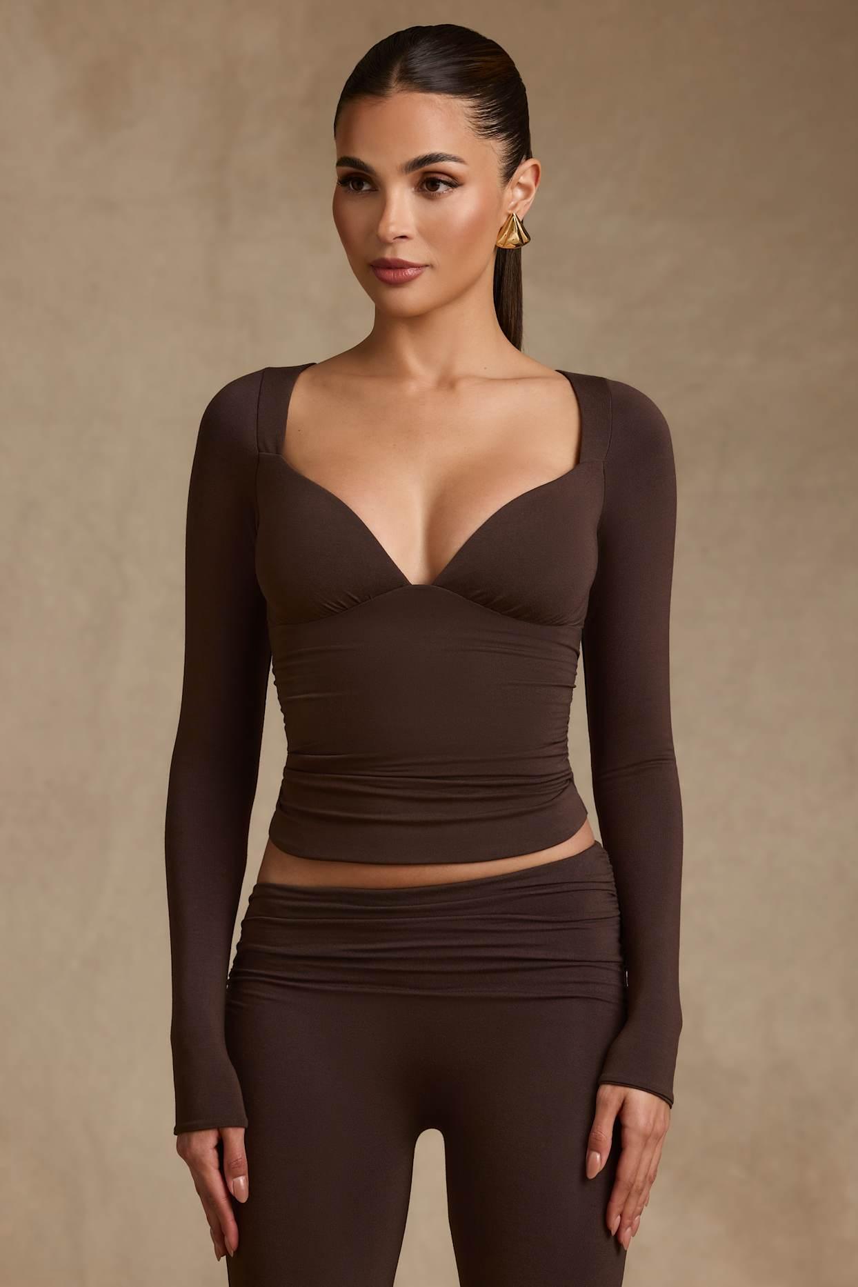 Modal Ruched Long-Sleeve Top in Chocolate Brown Product Image