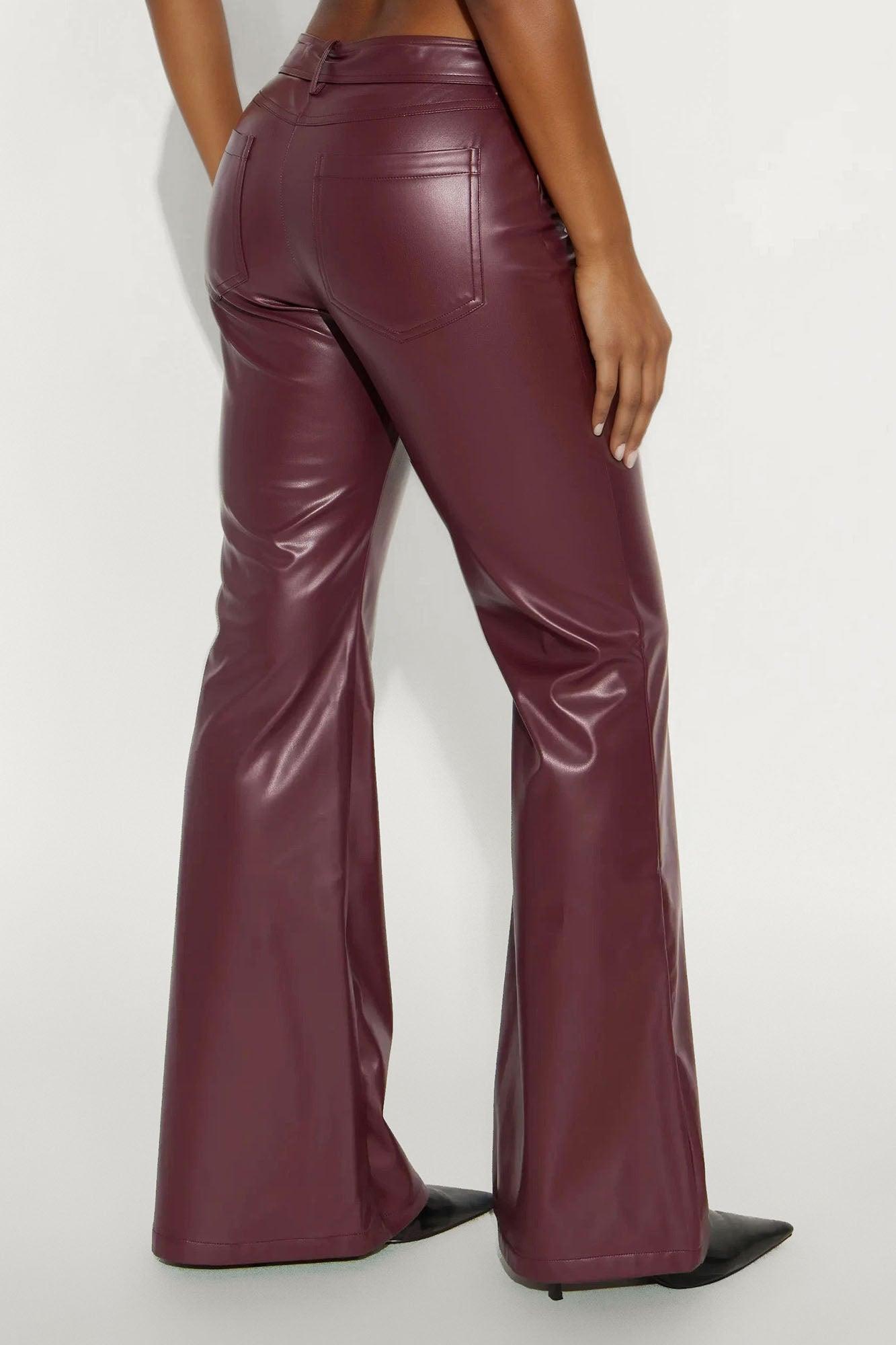Can't Forget Me Faux Leather Belted Wide Leg Pant 33 - Wine Female Product Image