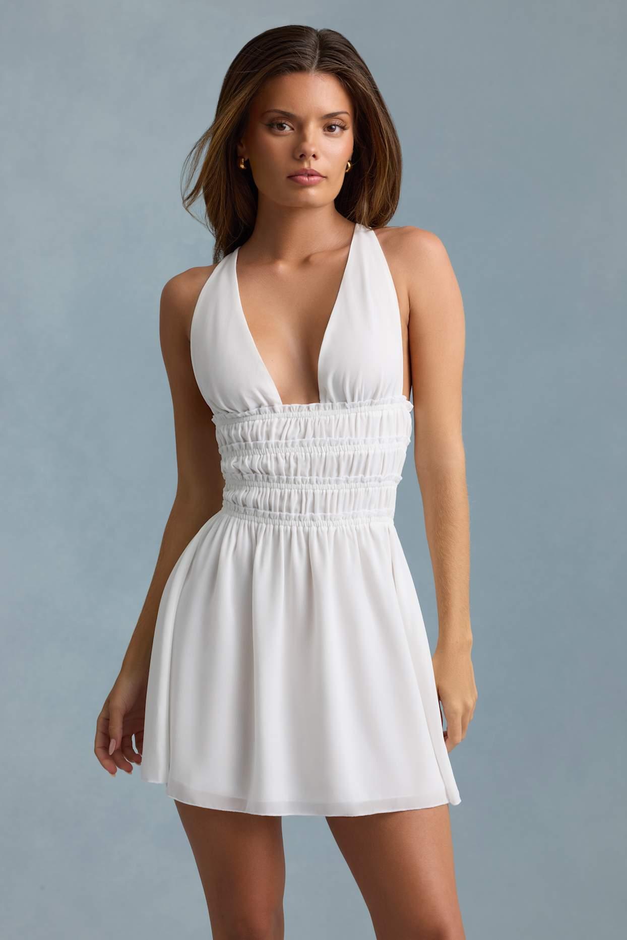 Plunge Cross-Back Mini Dress in White Product Image