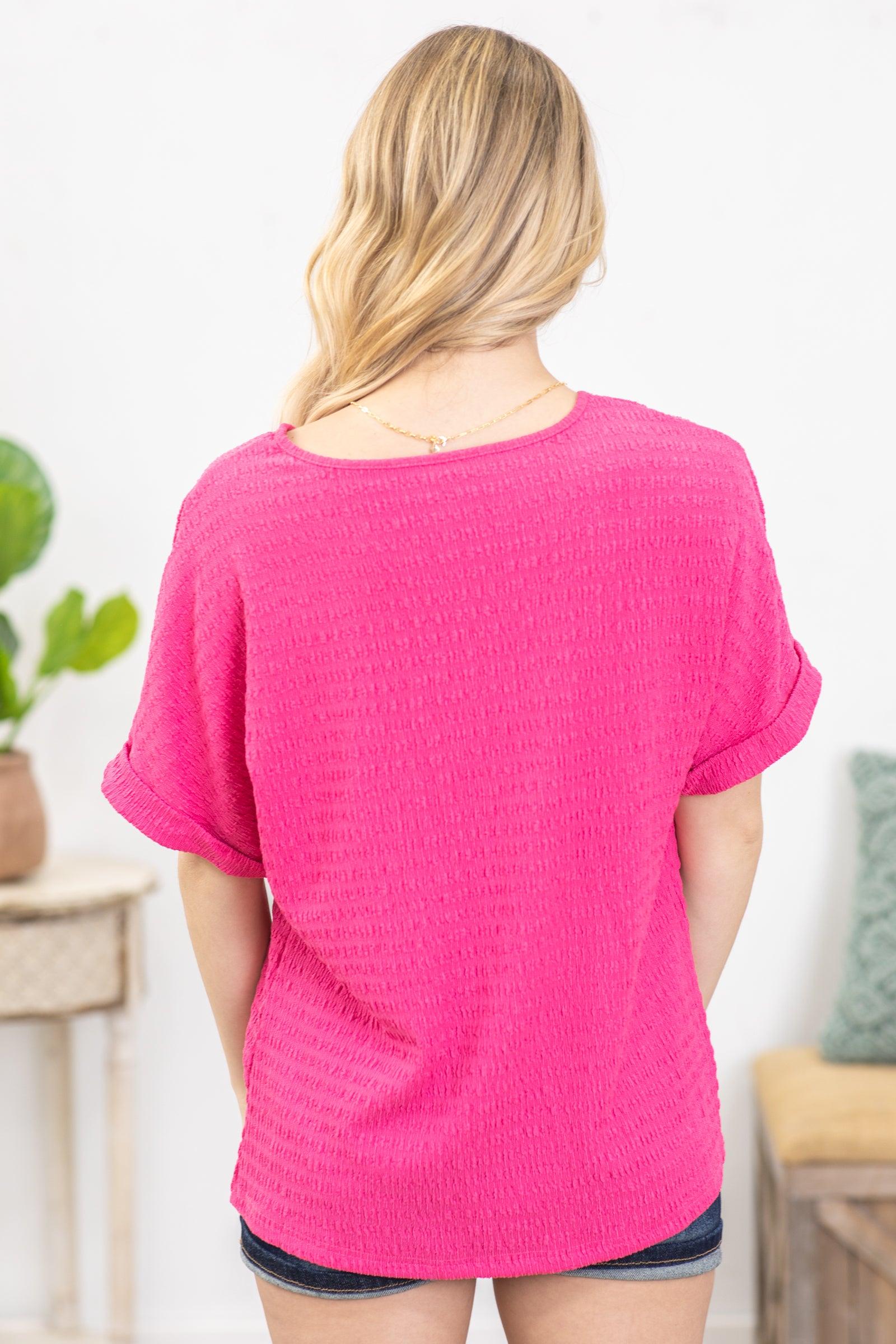 Hot Pink Textured Rolled Sleeve Knit Top Product Image