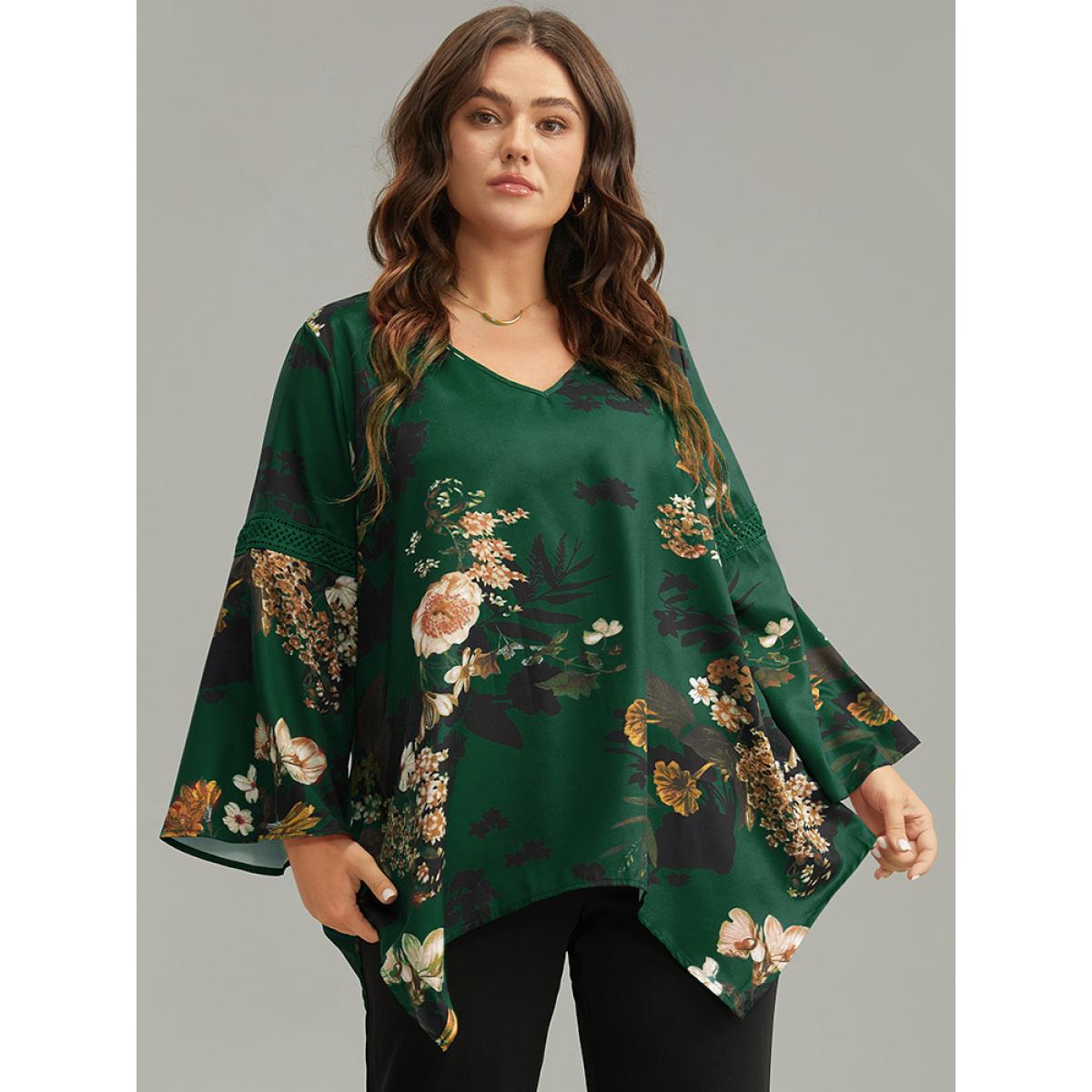 Plus Size DarkGreen Floral Lace Panel V Neck Hanky Hem Blouse Women Elegant Long Sleeve V-neck Dailywear Blouses BloomChic 14-16/1X Product Image