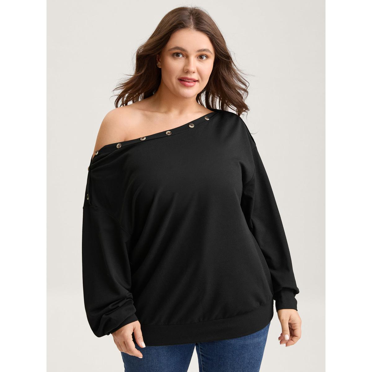 Plus Size Reversible Off-Shoulder Button Neck Sweatshirt Women Black Round Neck Casual Sweatshirts BloomChic 26/4X Product Image