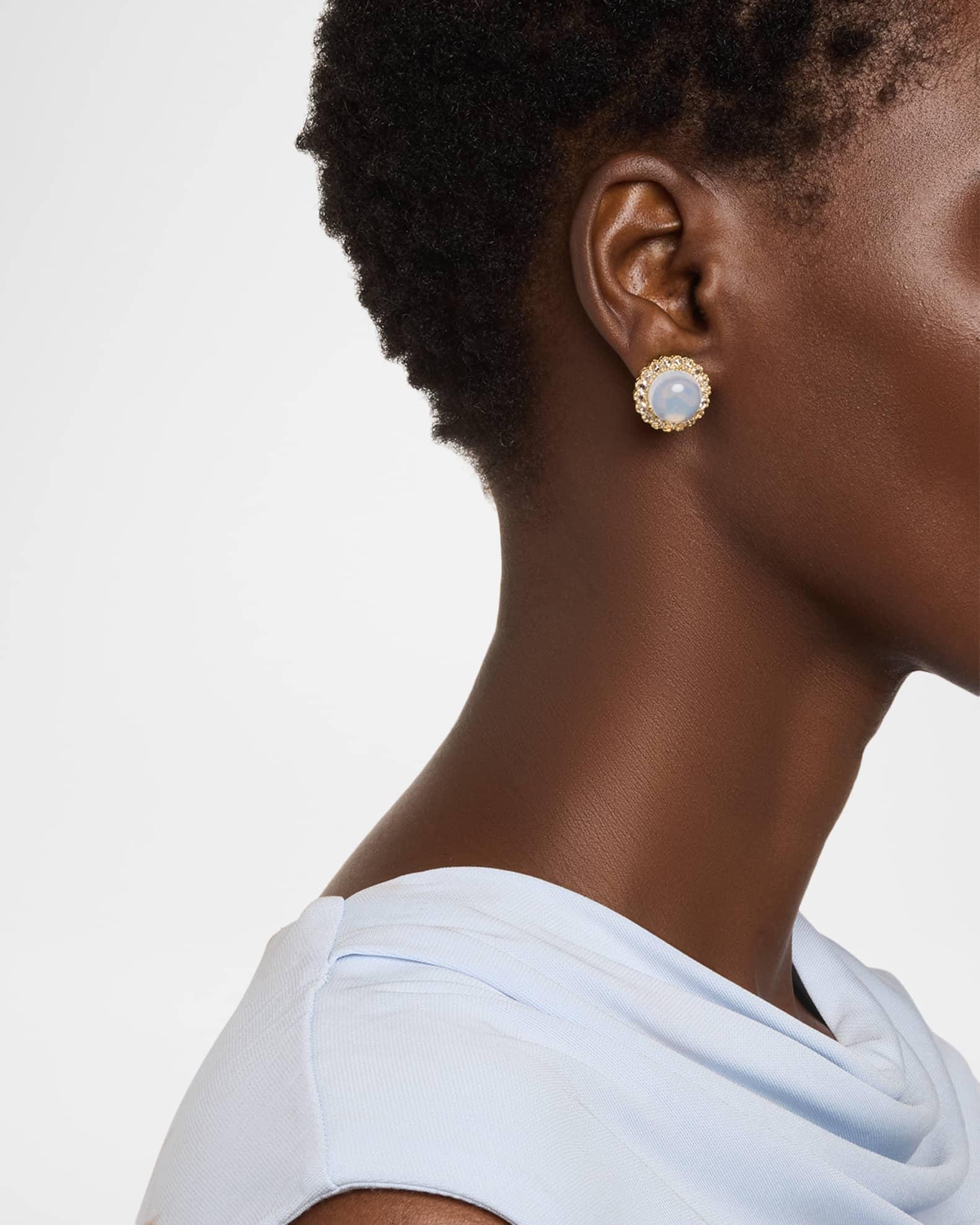 Rock N Roll Moon Quartz Cabochon Stud Earrings with Rose Cut Diamonds in 18K Yellow Gold Product Image