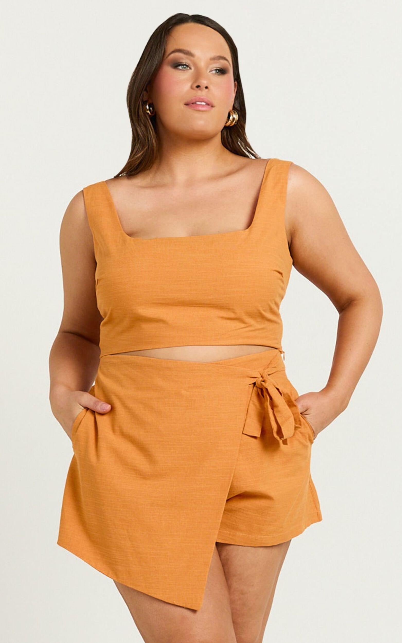 Polina Two Piece Set - Linen Square Neck Crop Top and Tie Waist Skort Set in Orange Product Image