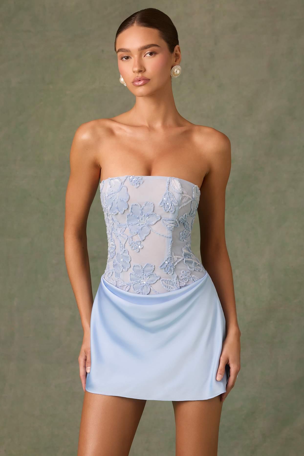 Embellished Draped Strapless A-Line Mini Dress in Sky Blue Product Image