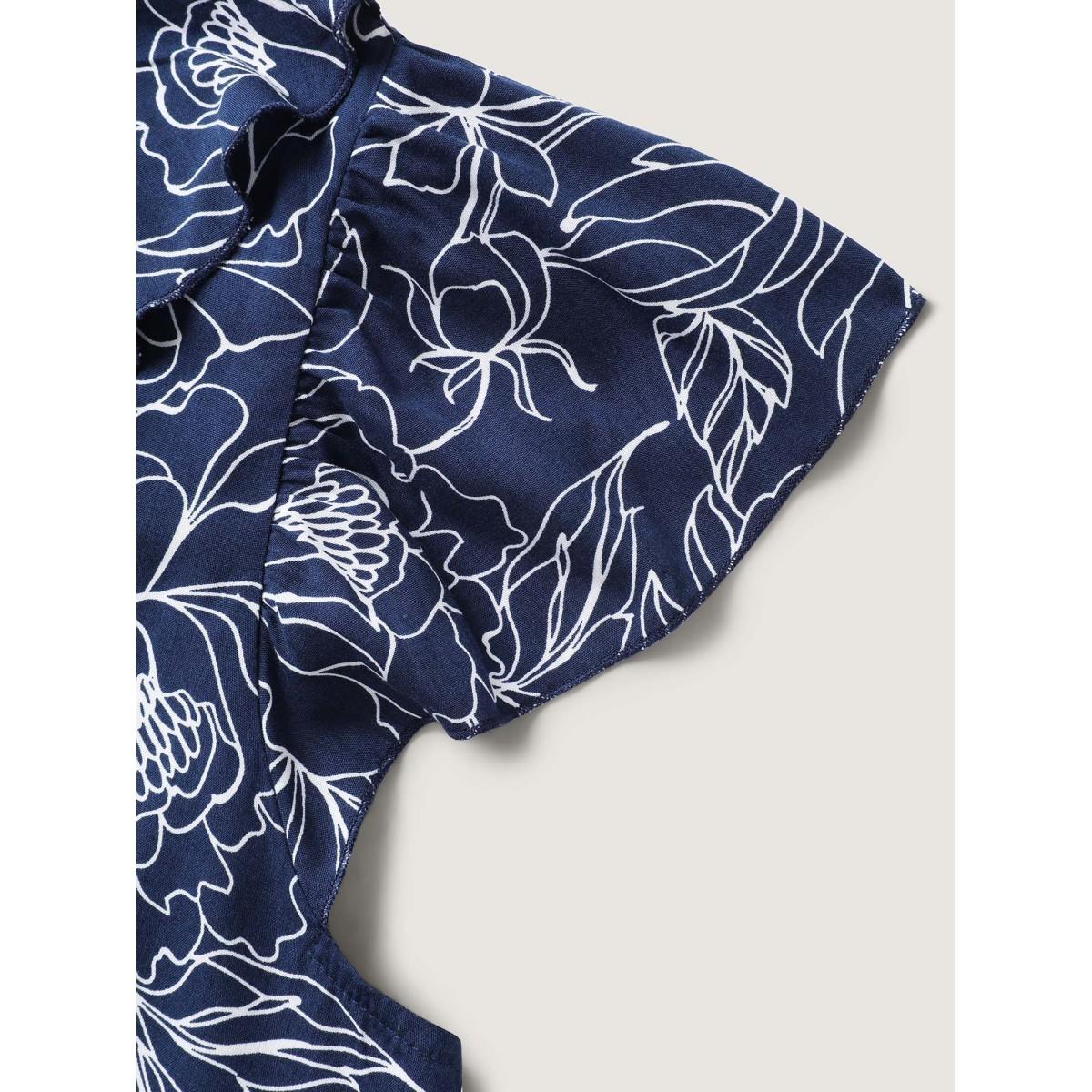 Plus Size DarkBlue Floral Abstract Print Ruffled Blouse Women Timeless Short sleeve V-neck Elegant Blouses BloomChic 30/6X Product Image