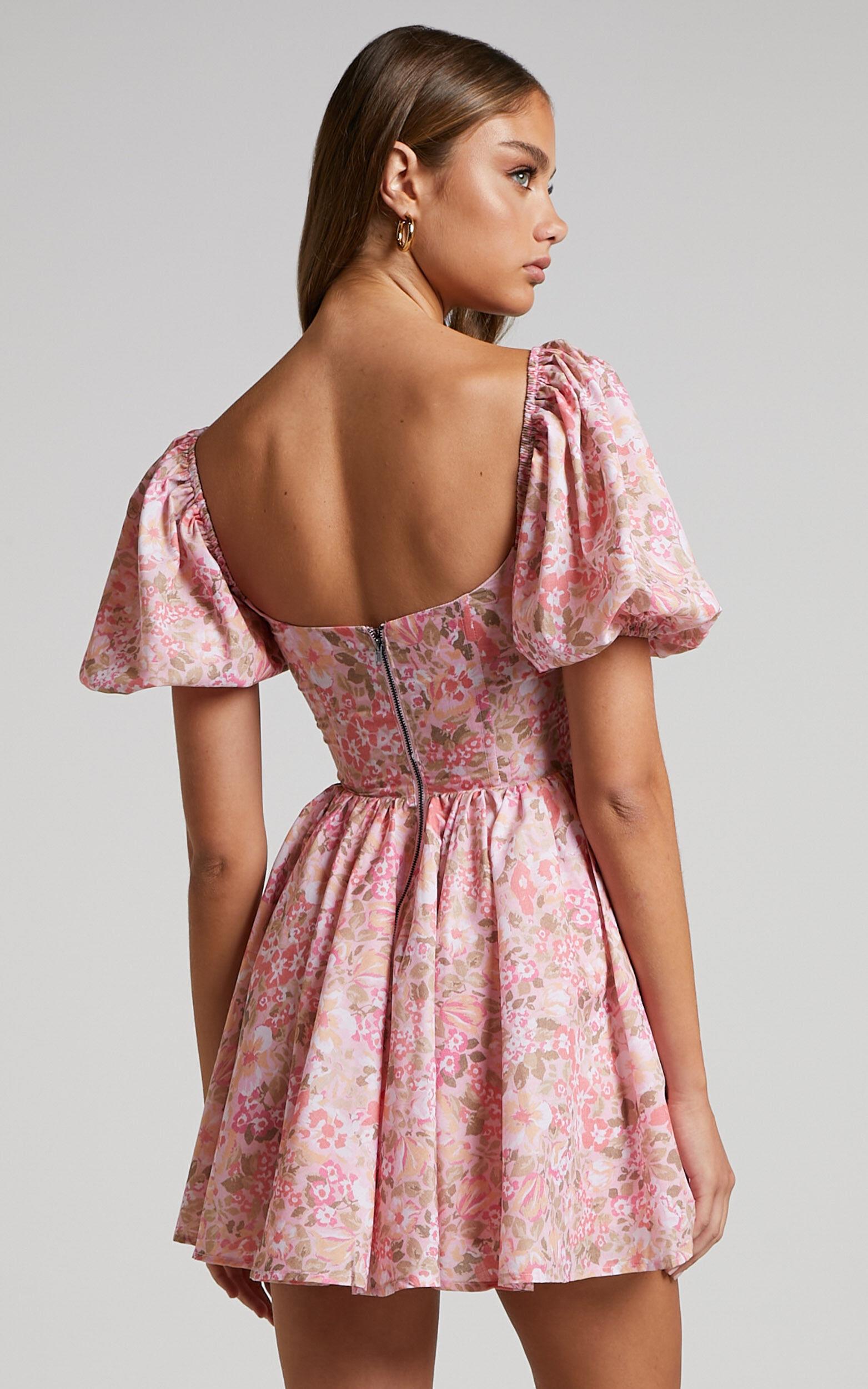 Phorchia Mini Dress - Fit and Flare Puff Sleeve Corset Dress in Fleur Print Product Image