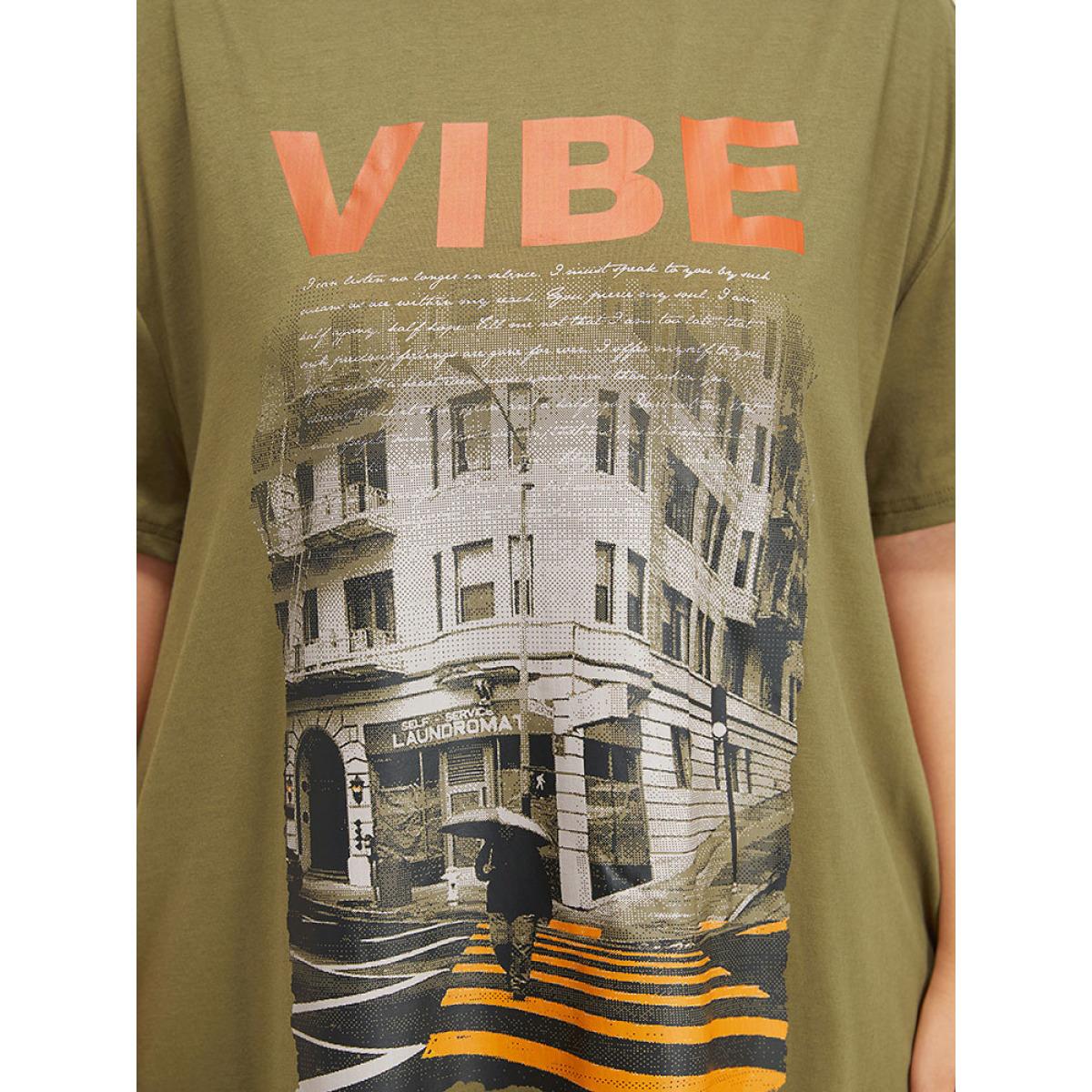 Plus Size Letter & Graphic Print Pocket Crew Neck Dress ArmyGreen Women Casual Plain Curvy Midi Dress BloomChic 12/L Product Image