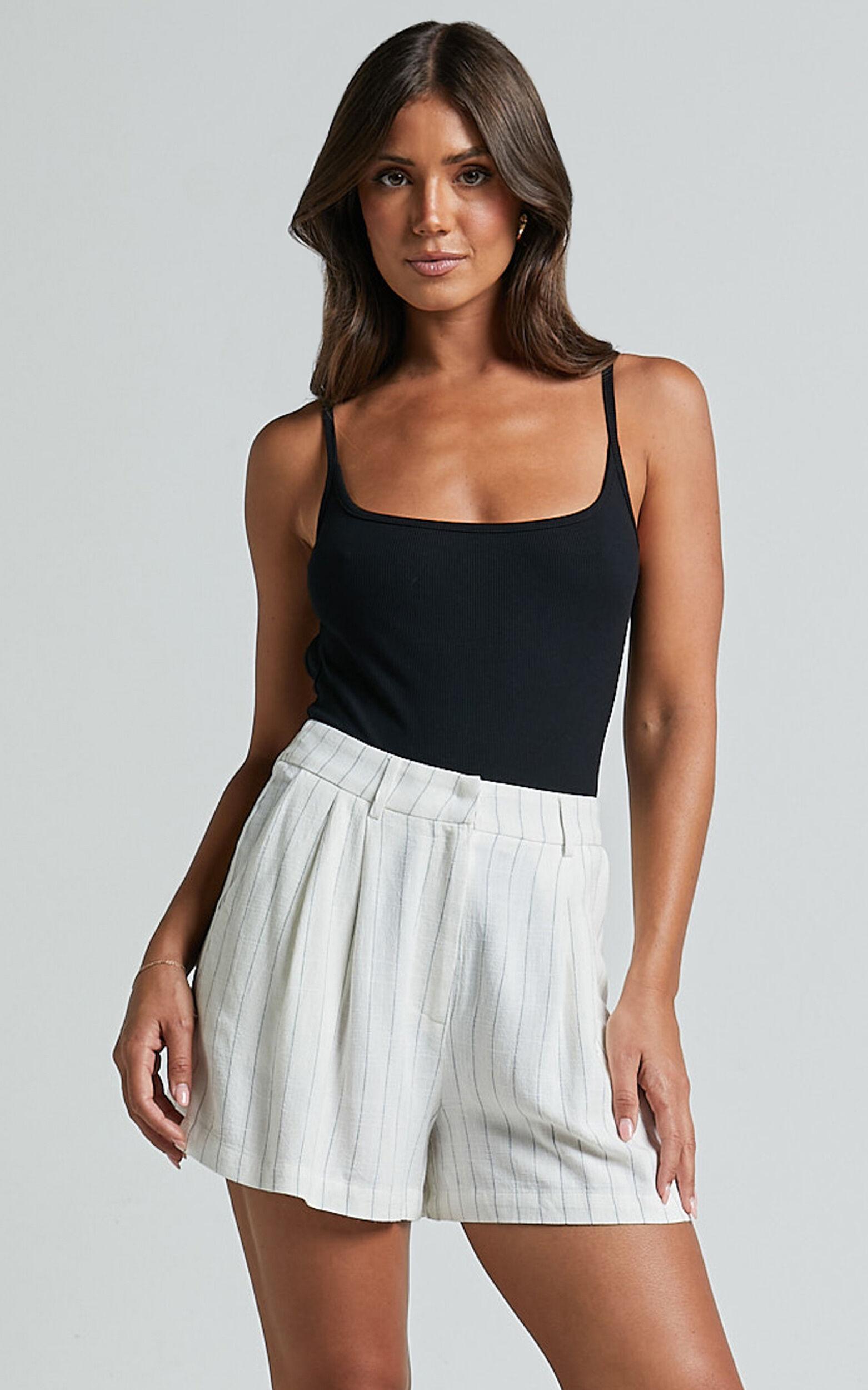 Manon Shorts - Linen Tailored Pinstripe Shorts in White Product Image