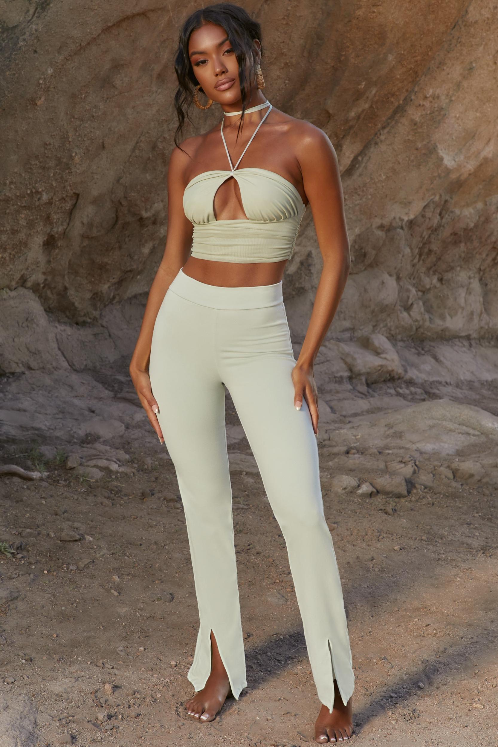 High Waisted Split Hem Trousers in Green Product Image