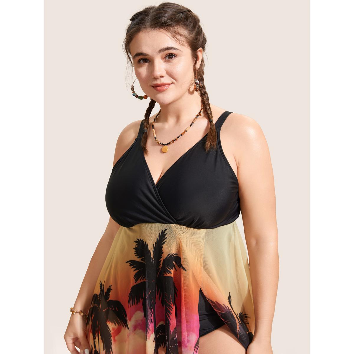 Plus Size Tropical Print Slit Hem See Through Swim Dress Women's Swimwear Multicolor Beach Bodycon Overlap Collar High stretch Curve Swim Dresses BloomChic 12/L Product Image