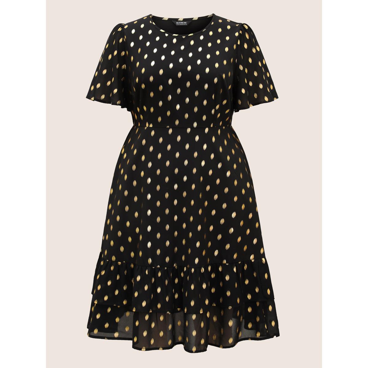 Plus Size Glitter Polka Dot Patchwork Ruffles Dress Black Women Cocktail See through Round Neck Short sleeve Curvy BloomChic 14-16/1X Product Image
