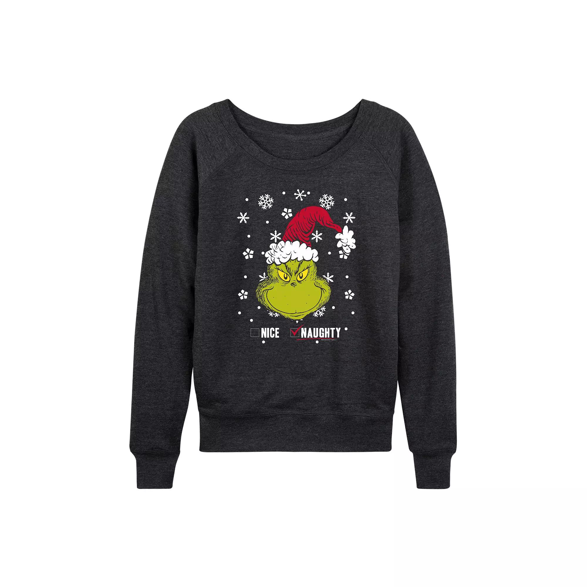 Women's Dr. Seuss The Grinch Naughty Or Nice French Terry Long Sleeve Tee, Girl's,  Product Image