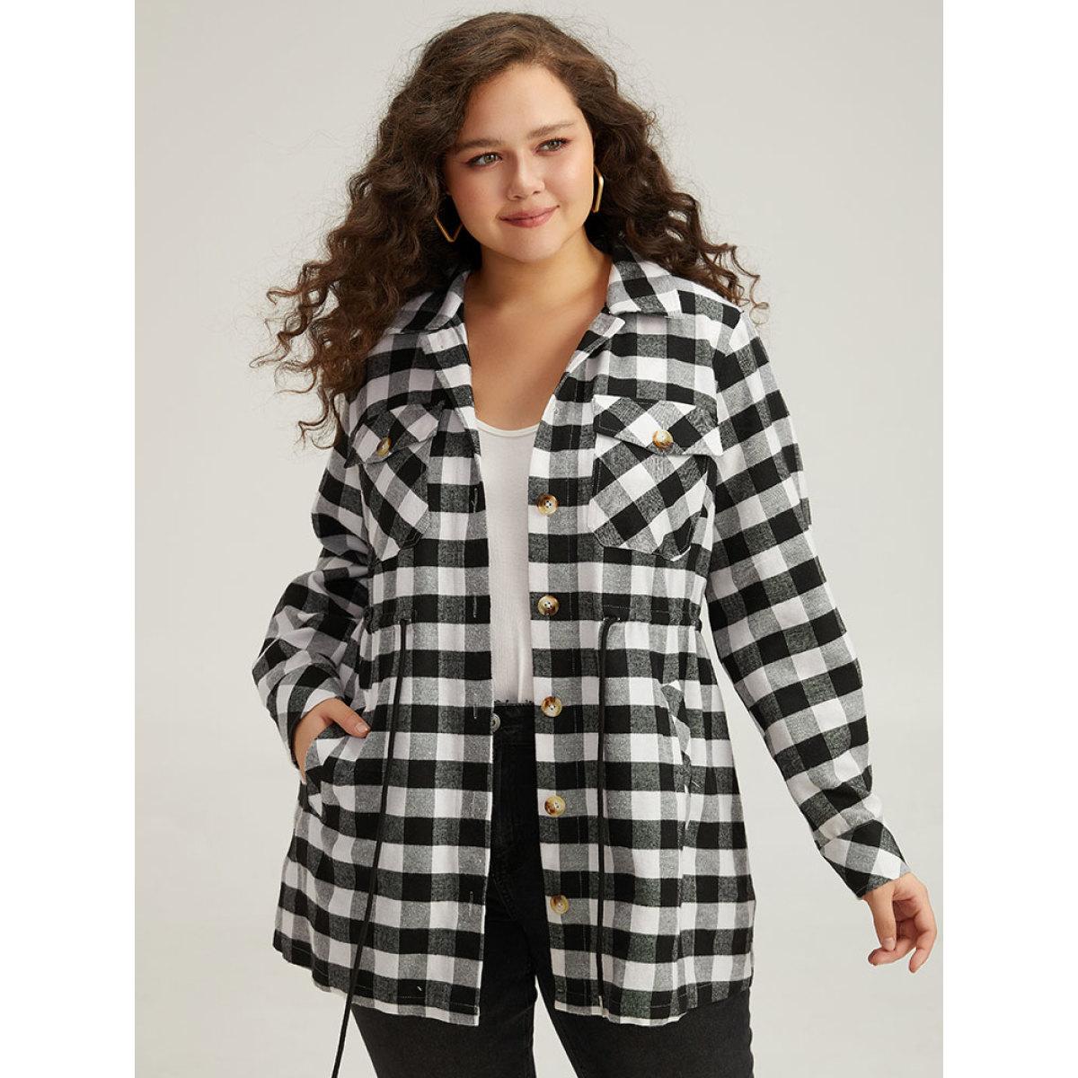 Plus Size Halloween Plaid Drawstring Pocket Button Through Coat Women Black Drawstring Pocket Dailywear Jackets BloomChic 10/M Product Image