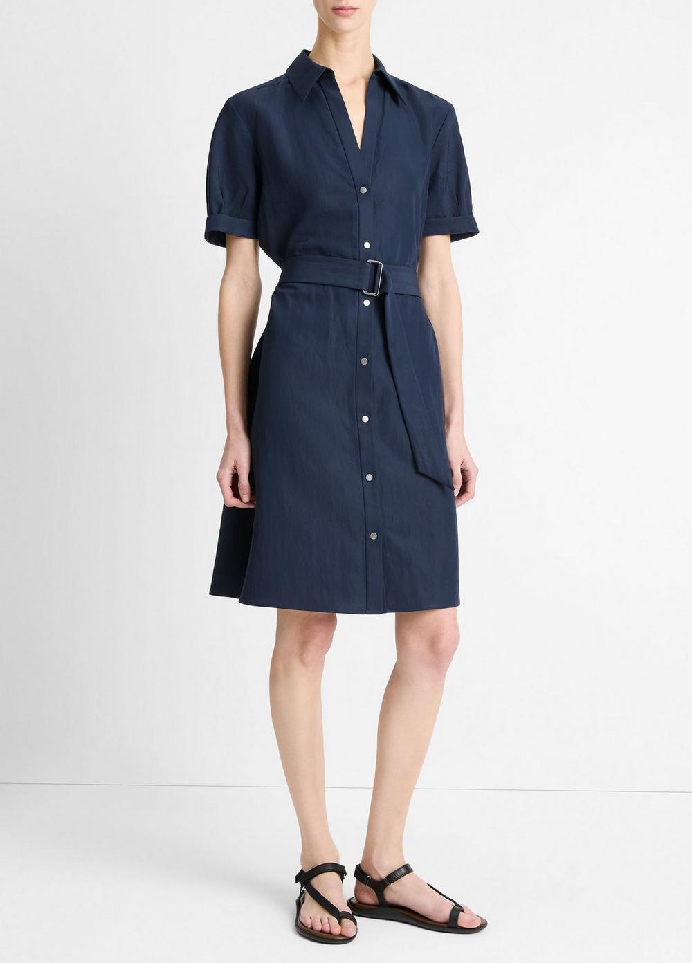 Cuffed-Sleeve Belted Shirt Dress Product Image