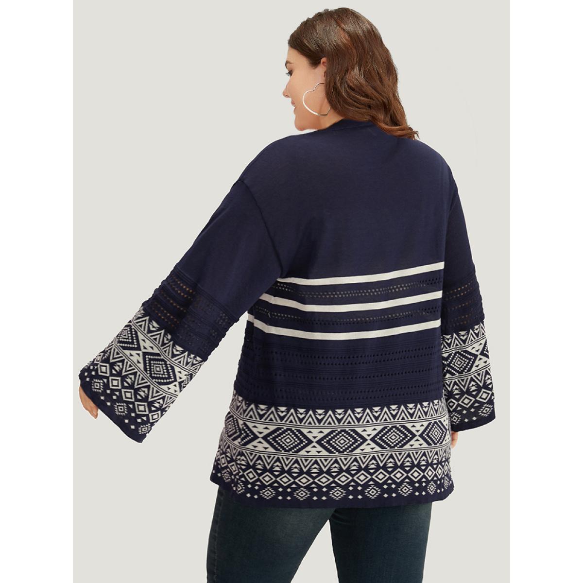 Plus Size Bandana Print Geo Eyelet Ties Front Cardigan Indigo Women Casual Loose Long Sleeve Everyday Cardigans BloomChic 28/5X Product Image