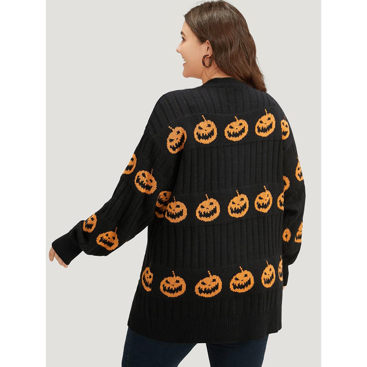 Plus Size Halloween Pumpkin Graphic Open Front Cardigan Black Women Casual Loose Long Sleeve Festival-Halloween Cardigans BloomChic 14-16/1X Product Image