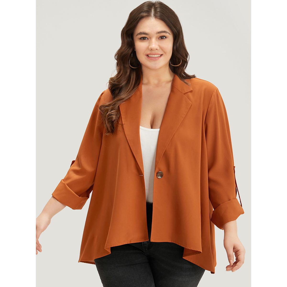Plus Size Plain Button Up Tab Sleeve High Low Hem Blazer Chocolate Women Work Plain Drape Sleeve Long Sleeve Lapel Collar 22-24/3X At the Office Blazers BloomChic Product Image