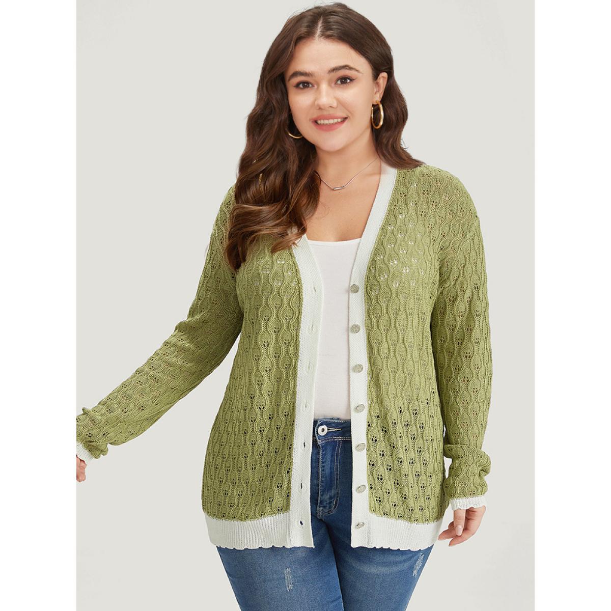 Plus Size Two Tone Patchwork Cut Out Button Down Cardigan Olive Women Casual Loose Long Sleeve Work Cardigans BloomChic 18-20/2X Product Image