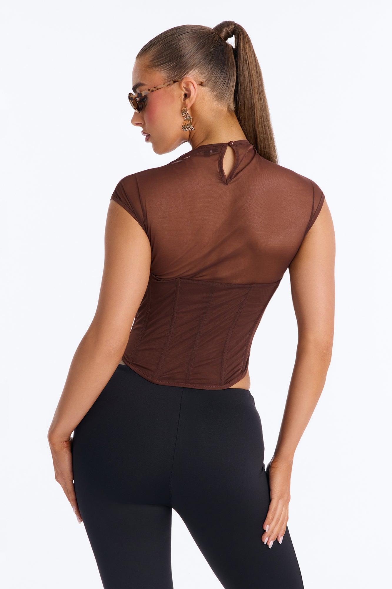 Fatima Mesh Mock Neck Short Sleeve Corset Top - Chocolate Female Product Image