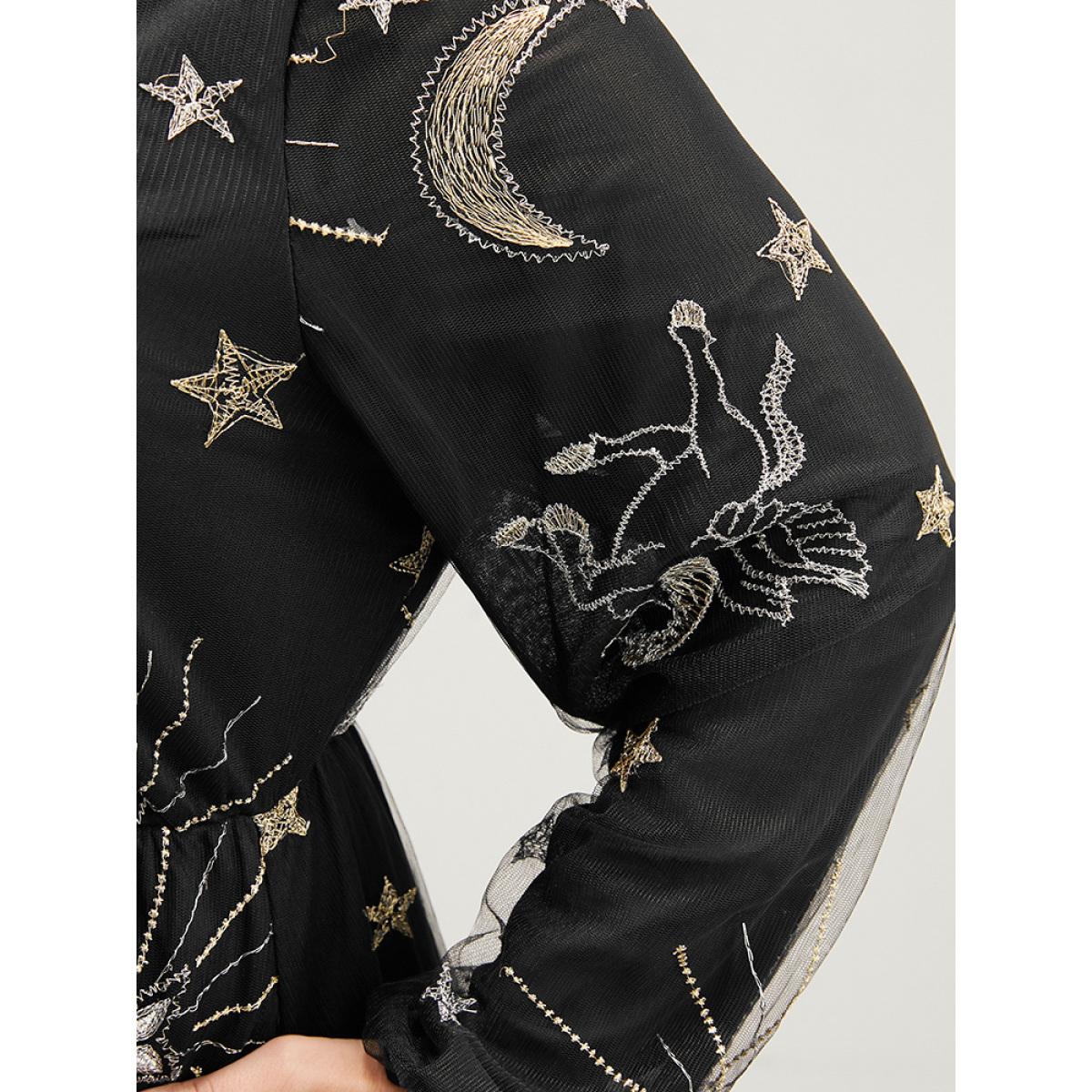 Plus Size Moon And Star Pocket Lantern Sleeve Embroidered Mesh Dress Black Women Party Round Neck Long Sleeve Curvy Long Dress BloomChic 14-16/1X Product Image