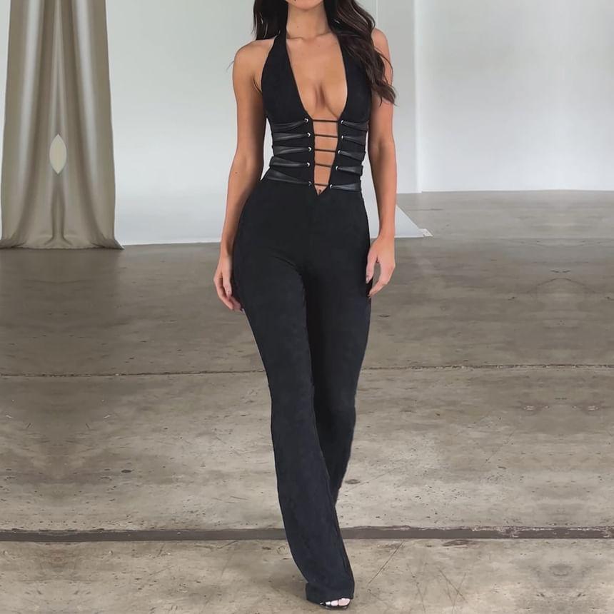 Halter V-Neck Plain Jumpsuit Product Image