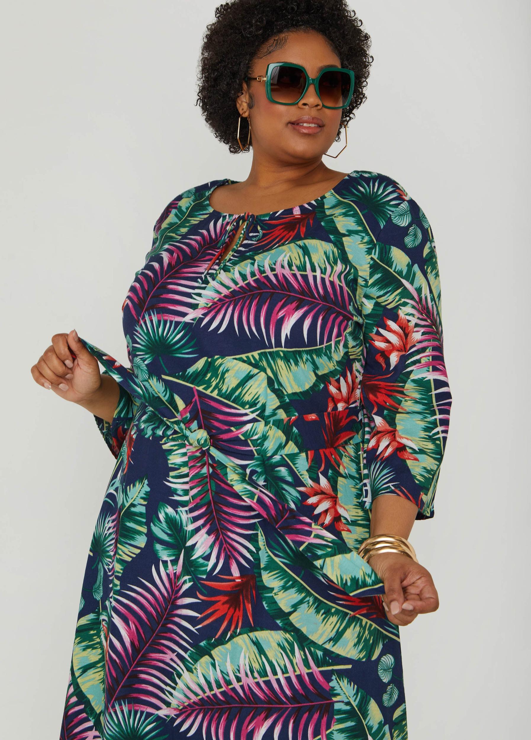 Plus Size Belted Tropical Print Maxi Dress Ashley Stewart Product Image