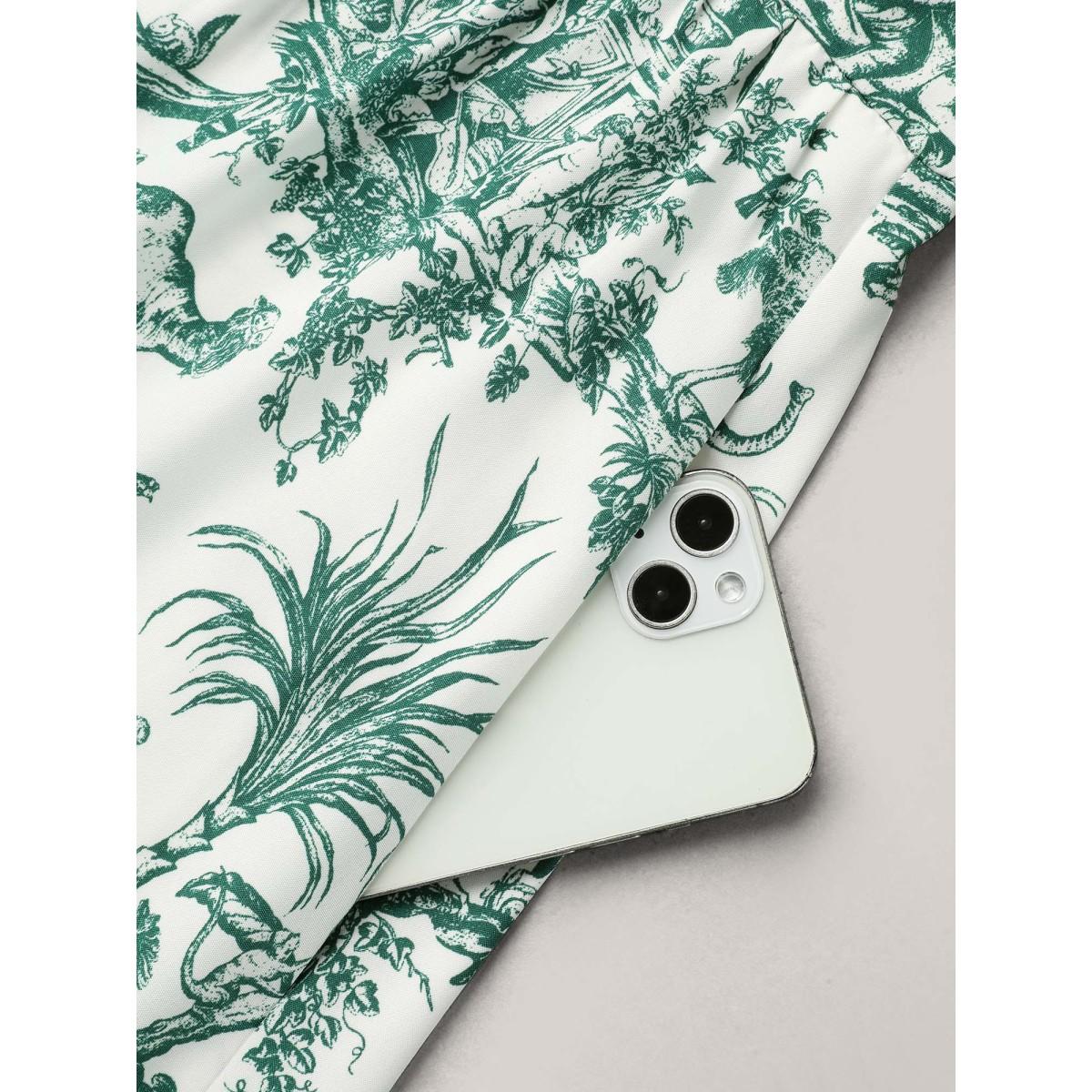 Plus Size Forest Print Waist-Cinched Surplice Neck Dress Emerald Women Elegant Non Overlap Collar Half Sleeve Curvy BloomChic 10/M Product Image