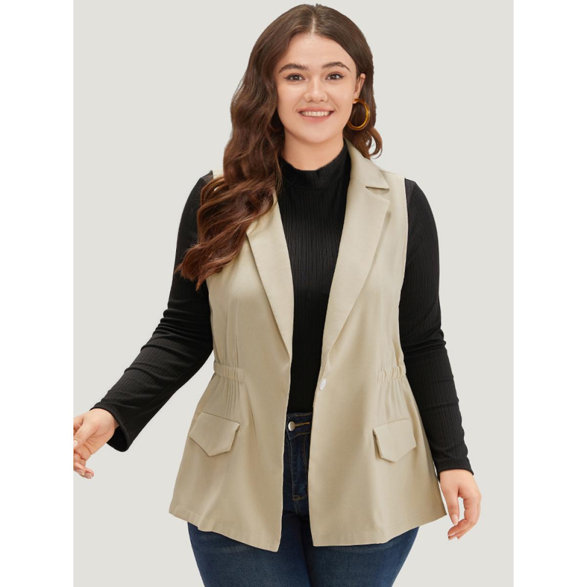 Plus Size Plain Suit Collar Pocket Sleeveless Blazer Beige Women Work Plain Plain Sleeveless Sleeveless Lapel Collar 12/L Pocket Office Blazers BloomChic Product Image